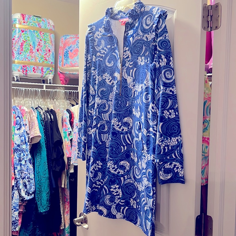 Lilly Pulitzer Long Sleeve Sweater Dress Zipper Ruffle Winter Blue Small S